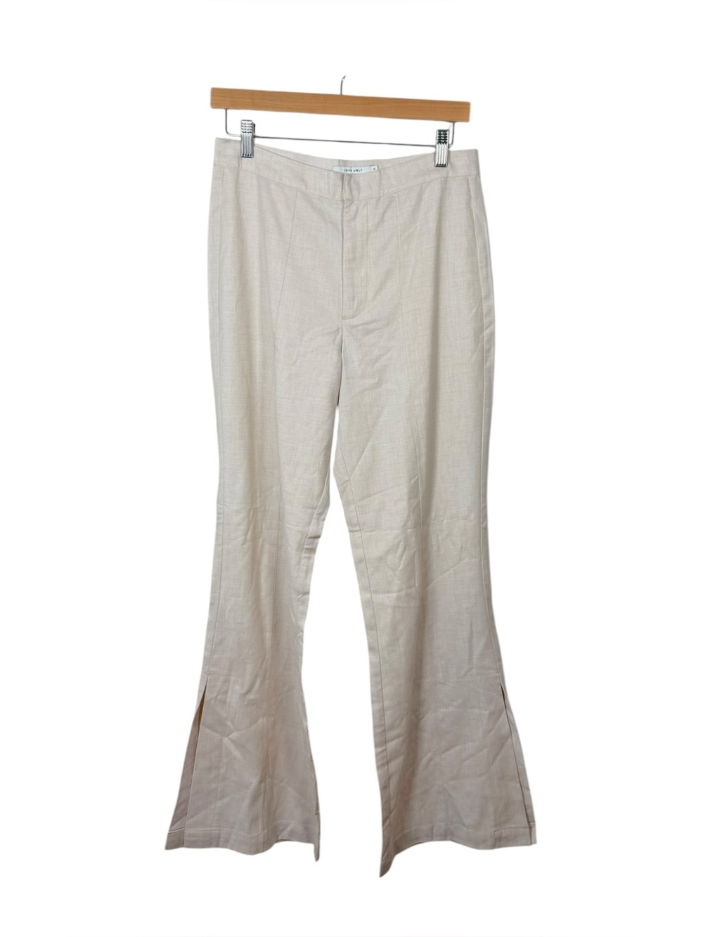 I Love Ugly Flare Pants Beige Cotton Side Slit Trousers Size S 30W